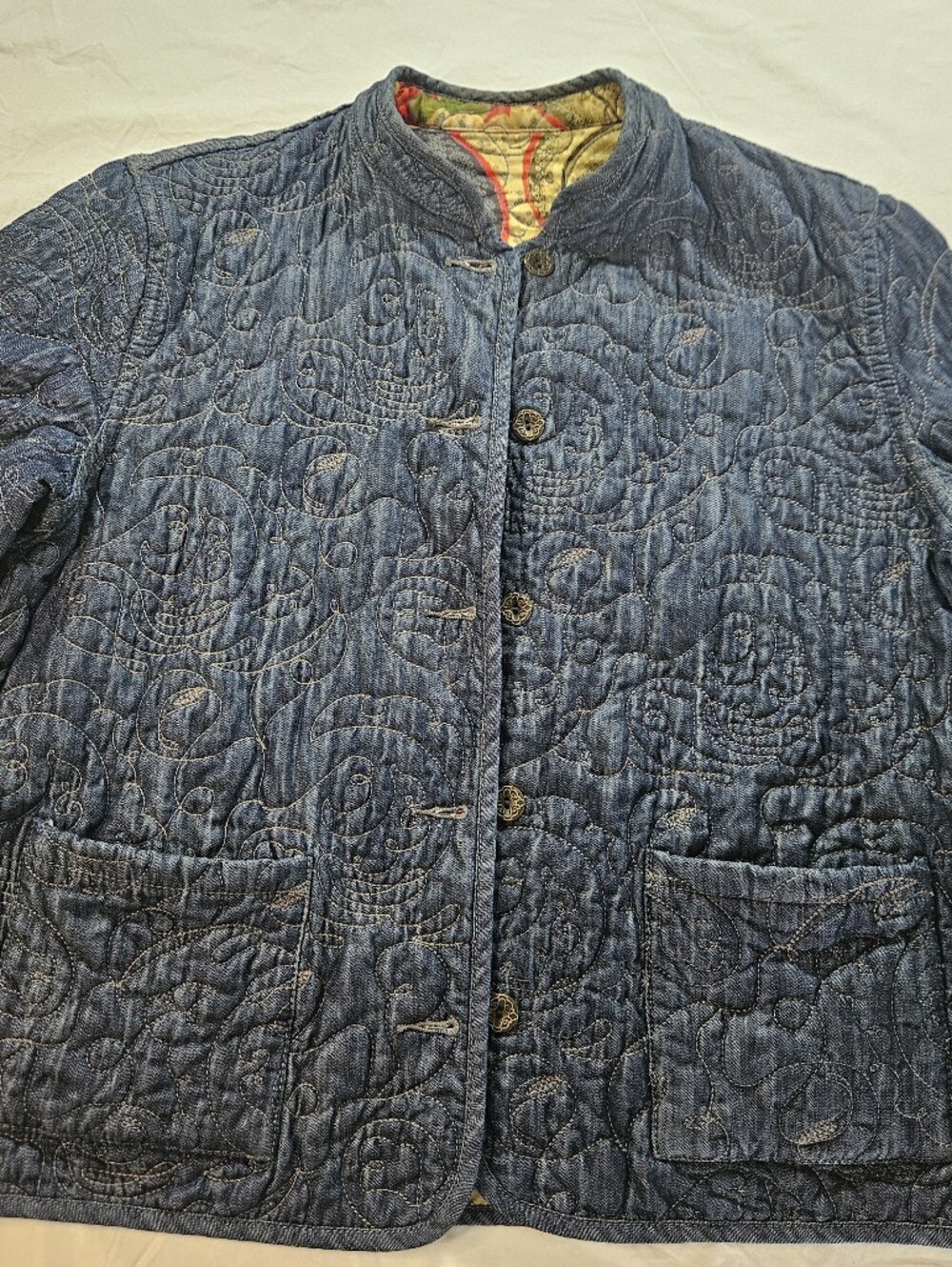 Chico's Quilted Indigo Jean Jacket with Floral Trim Reversible w/ Pockets